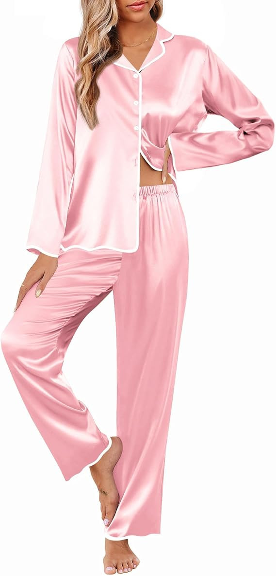 Ekouaer Silk Pajamas Set Long Sleeve Satin Pajama Sets 2 Pieces Button Down Pjs Ruffle Hems Pj Se... | Amazon (US)