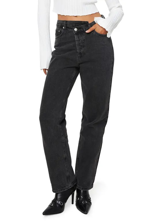 Princess Polly Holly Asymmetric Crossover Waist Straight Leg Jeans in Black at Nordstrom, Size 4 | Nordstrom