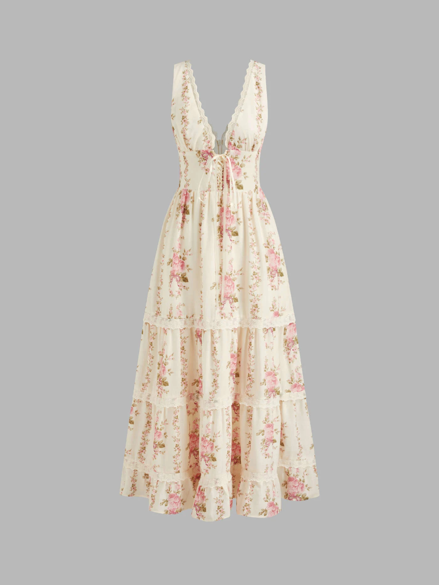 Woven V-neck Lace Trim Floral Lace Up Layered Maxi Dress For Daily Casual | Cider