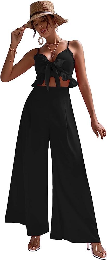 Cozyease Women's Two Piece Outfits Knot Front Cami Top and Wide Leg Pants | Amazon (US)