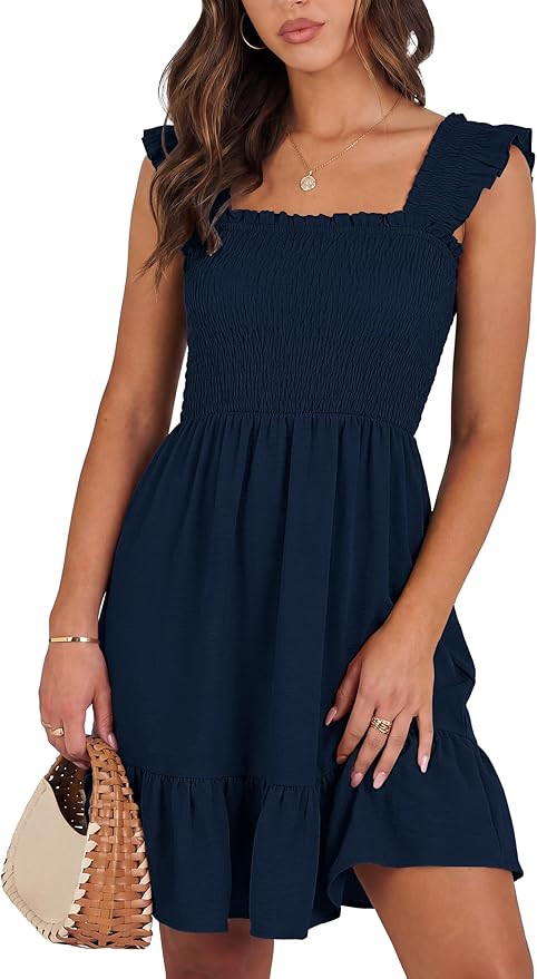 Caracilia Women Summer Casual Sleeveless Square Neck Sun Dress Smocked Ruffle Backless Boho Beach... | Amazon (US)