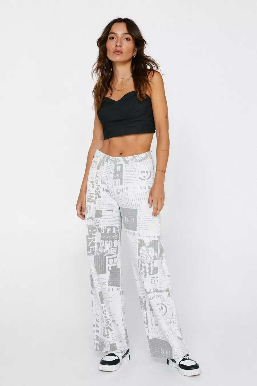 Petite Newspaper Print Wide Leg Jeans | Nasty Gal US