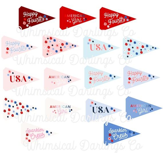 Floral Fourth of July Pennant Flags // July 4th Flag Printables // Fourth of July Flags // USA Fl... | Etsy (US)