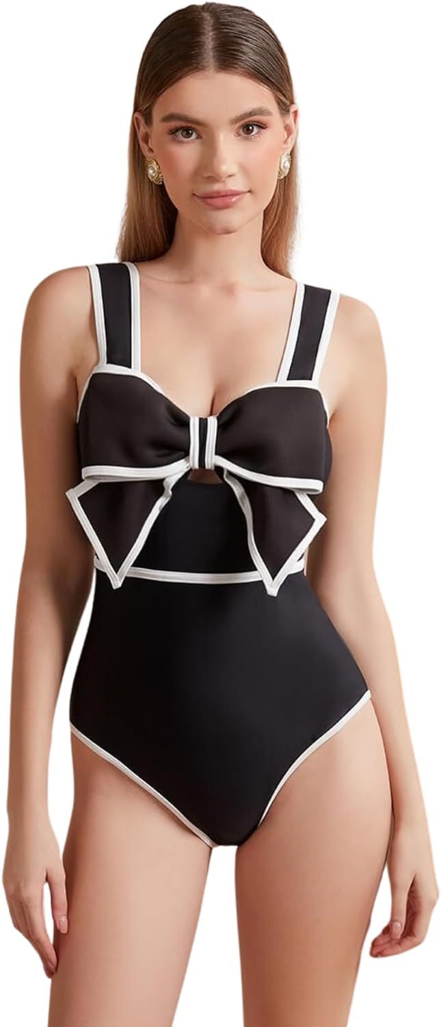 FLAXMAKER Black and White Bow-tie Decor One Piece Swimsuit and Skirt | Amazon (US)