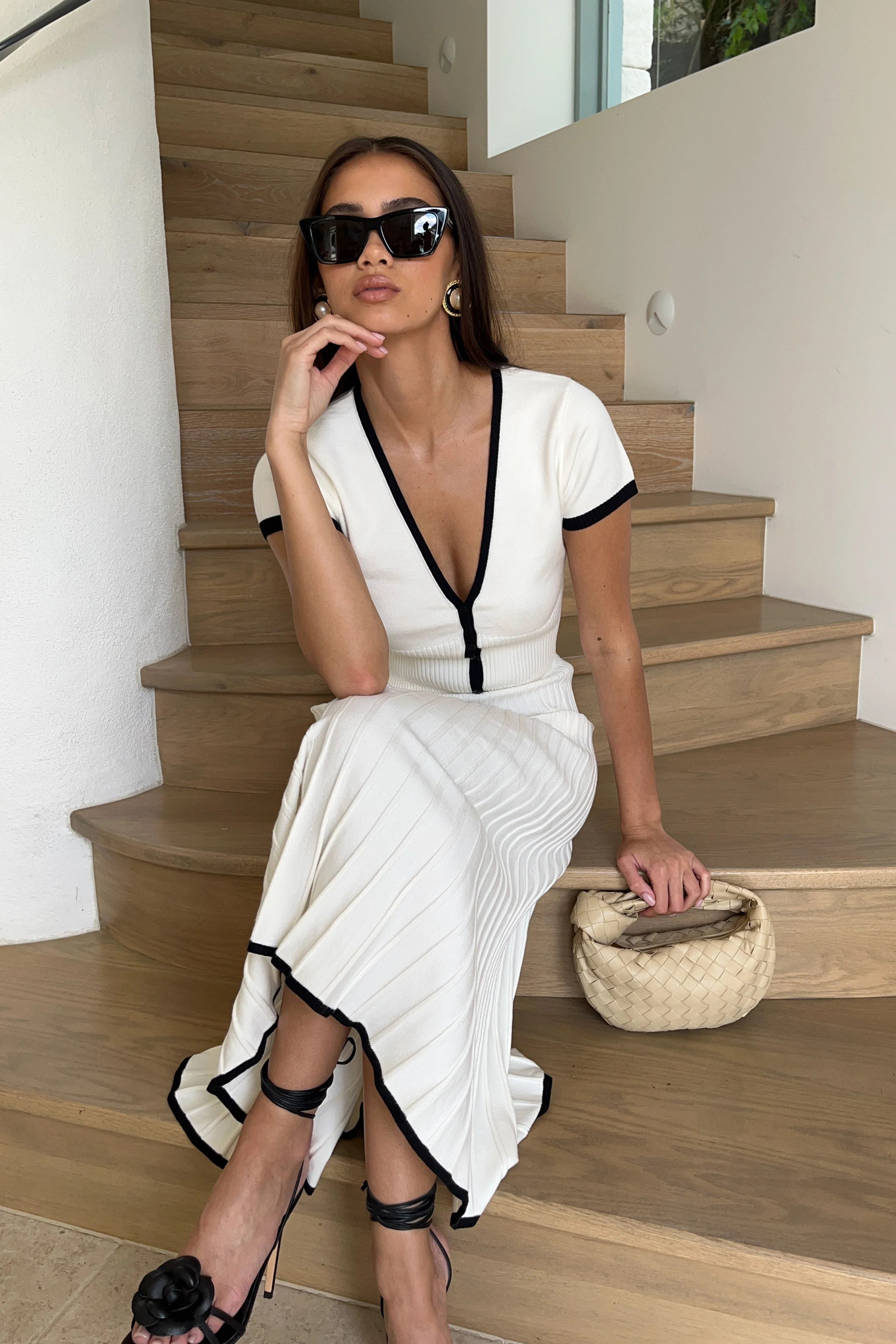 Jolene Contrast Button Up Knit Top - White | MESHKI US
