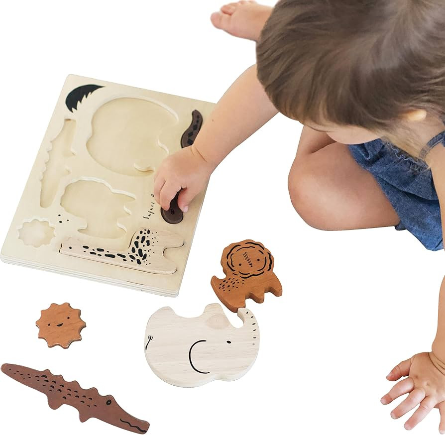 Wee Gallery Wooden Tray Puzzle Safari Animals - Montessori Toys, Motor Skills Development, Early ... | Amazon (US)