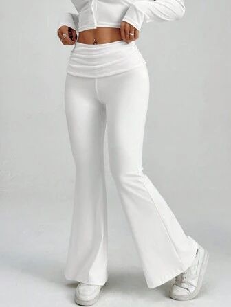 SHEIN PETITE White Y2k Solid Ruched Flare Leg Pants Flare Leggings | SHEIN