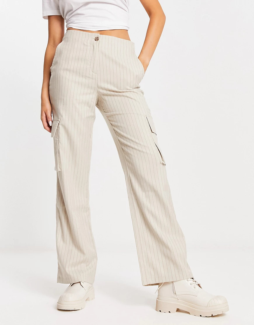 Pimkie tailored pocket detail wide leg trousers in beige pinstripe-Neutral | ASOS (Global)