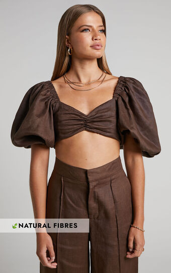 Amalie The Label - Aleydise Linen Puff Sleeve Crop Top in Chocolate | Showpo (ANZ)