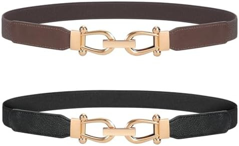 JASGOOD Women Stretchy Waist Belt Retro Elastic Skinny Belt for Ladies with Gold Buckle | Amazon (US)