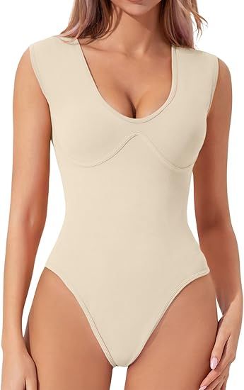 QINSEN Womens Plunge U Neck Cap Sleeve Bodysuit Soft Body Suit Tops Double Lined Shirts | Amazon (US)