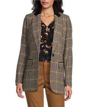 Jones New York Plaid Elbow Patch Notch Collar One-Button Blazer | Dillard's | Dillard's