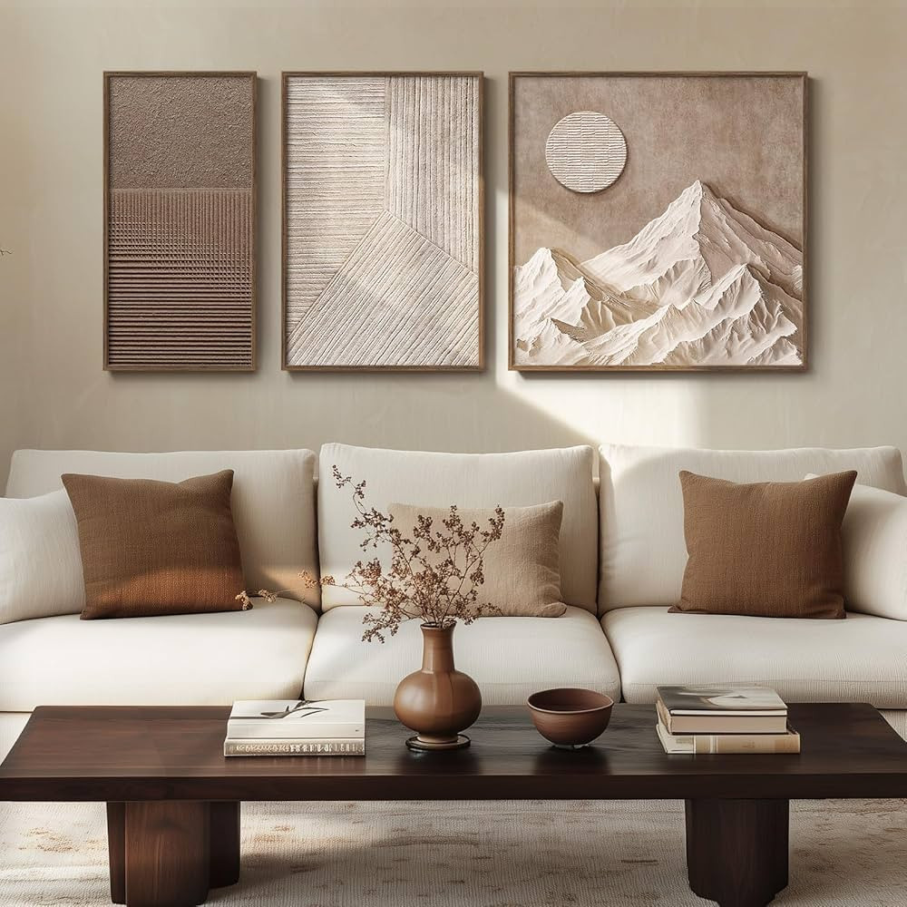 Large Framed Neutral Canvas Wall Art 3 Piece, 2D Brown Abstract Mountain Pictures Landscape Paint... | Amazon (US)