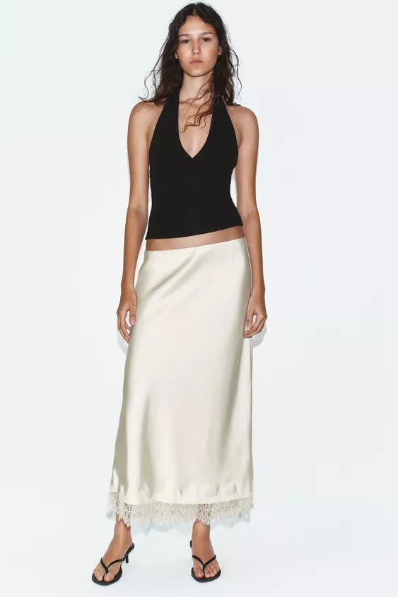 SATIN EFFECT LACE MIDI SKIRT | Zara US
