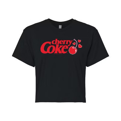 Women's Coca-Cola Cherry Coke Heart Cherry Cropped Graphic T-Shirt - Black - Small | Target