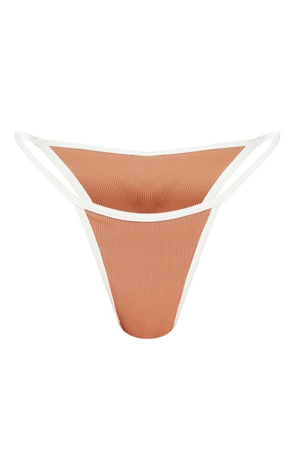 Beige Contrast Binding Ribbed Tie Side Bikini Bottoms | PrettyLittleThing US