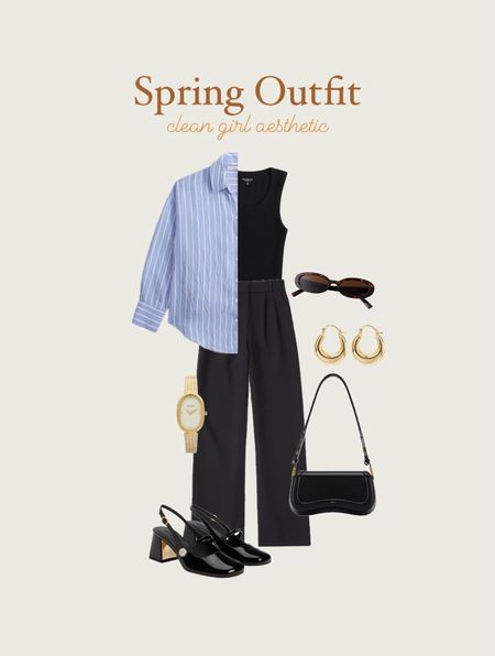 spring outfits, spring outfits 2024, spring outfits amazon, spring fashion, february outfit, casual spring outfits, spring outfit ideas, cute spring outfits, cute casual outfit, date night outfit, date night outfits, black bag, jw pei bag, shoulder bag, vacation outfit, resort outfit, spring outfit, resort wear, gold earrings, black t shirt, black tank top, gold watch, abercrombie sloane pants, kitten heels, sling back heels, blue button down, striped button down, clean girl aesthetic