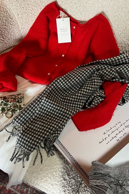 Red cardigan, plaid scarf, earrings, midi skirt 

#LTKHoliday #LTKSeasonal #LTKGiftGuide