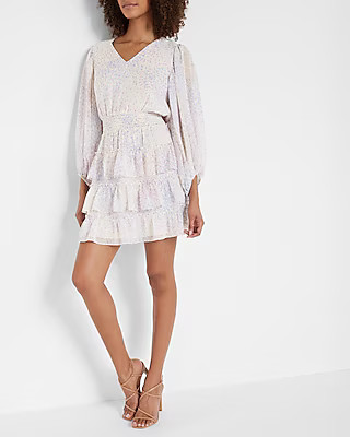 Printed Smocked Waist Tiered Ruffle Mini Dress | Express