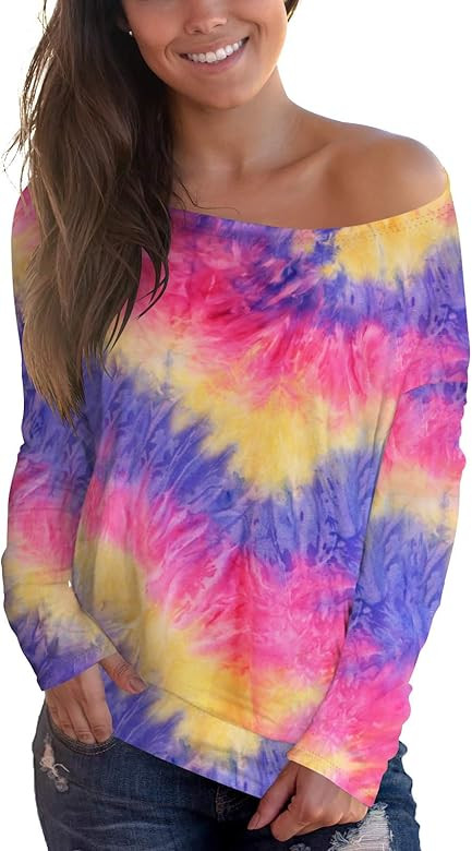 Women's Off Shoulder Tops Long Sleeve Printed Pullover Sweatshirt Tie Dye Shirts | Amazon (US)