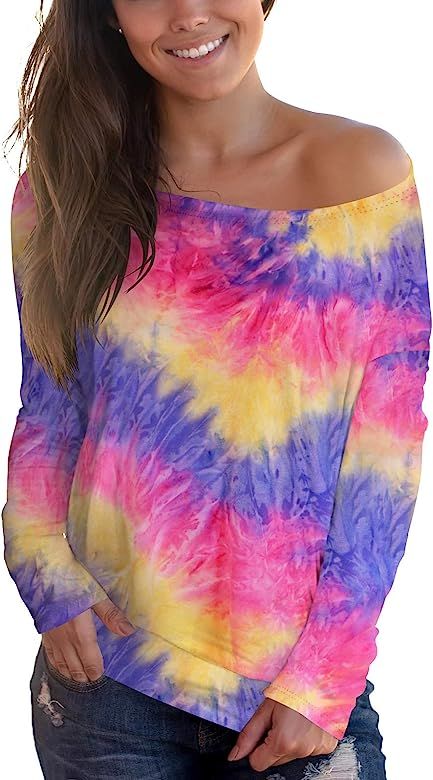 Women's Off Shoulder Tops Long Sleeve Printed Pullover Sweatshirt Tie Dye Shirts | Amazon (US)