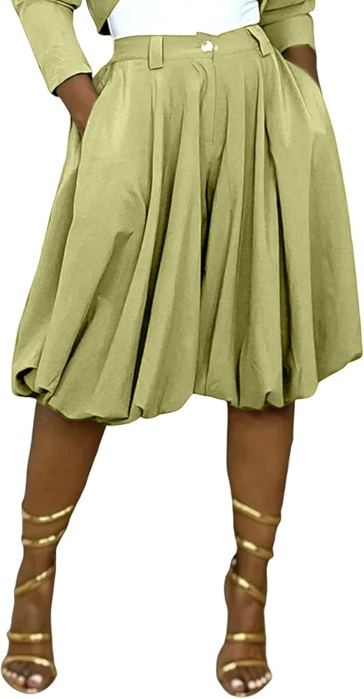 Women's Wide Leg Capri Pants Baggy Pleated Cropped Bubble Pants | Amazon (US)