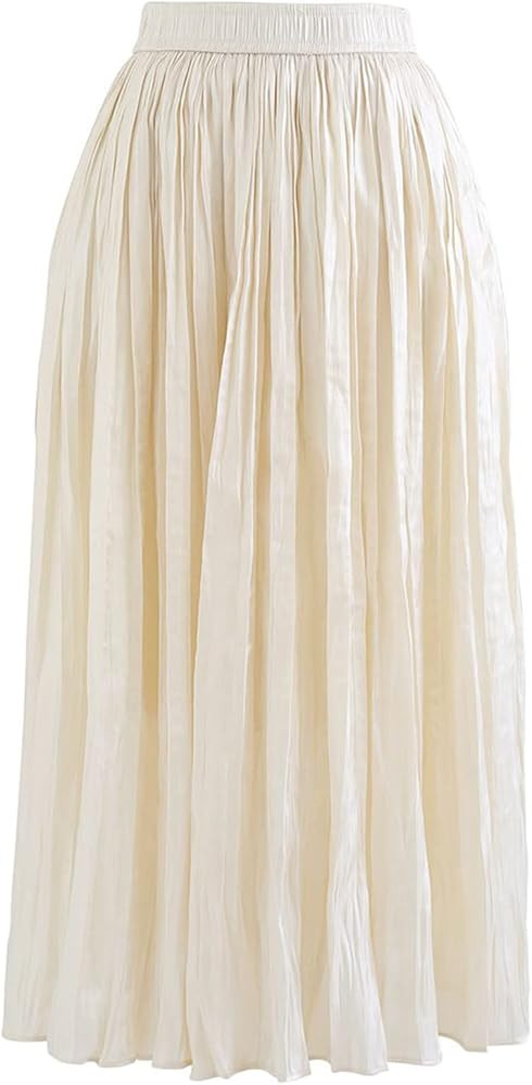CHICWISH Women's Green/Cream/Red/Light Tan/Magenta/Caramel/Emerald Glimmer Pleated Elastic Waist ... | Amazon (US)