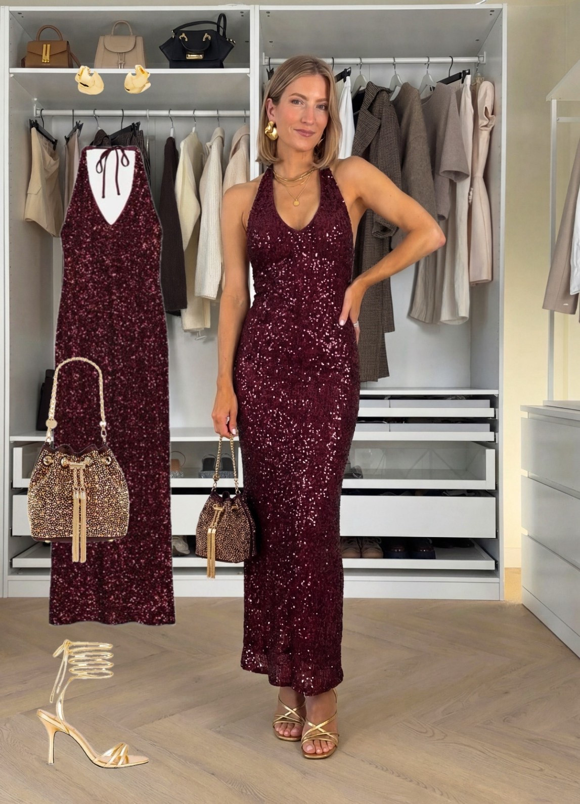 This sequin 🍷✨ party-season look has me fully in my glam era — the deep burgundy dress, the gold heels and the beaded bag together feel so luxe for any holiday dinner, NYE party or winter event 💫 

This is generater with AI. I would pick size XS or S (5’7/171) for the dress

Like this post to save it to your favourite folder and come back later to shop.

Burgundy sequin dress, holiday dress, party outfit, NYE outfit, winter glam, evening look, gold heels, strappy heels, beaded bag, festive outfit, luxe outfit, date night look, special occasion dress, elegant style, cocktail outfit, winter fashion, chic holiday outfit, statement dress, sparkle dress, glam accessories, sequin trend 💕

#LTKHoliday #LTKSeasonal