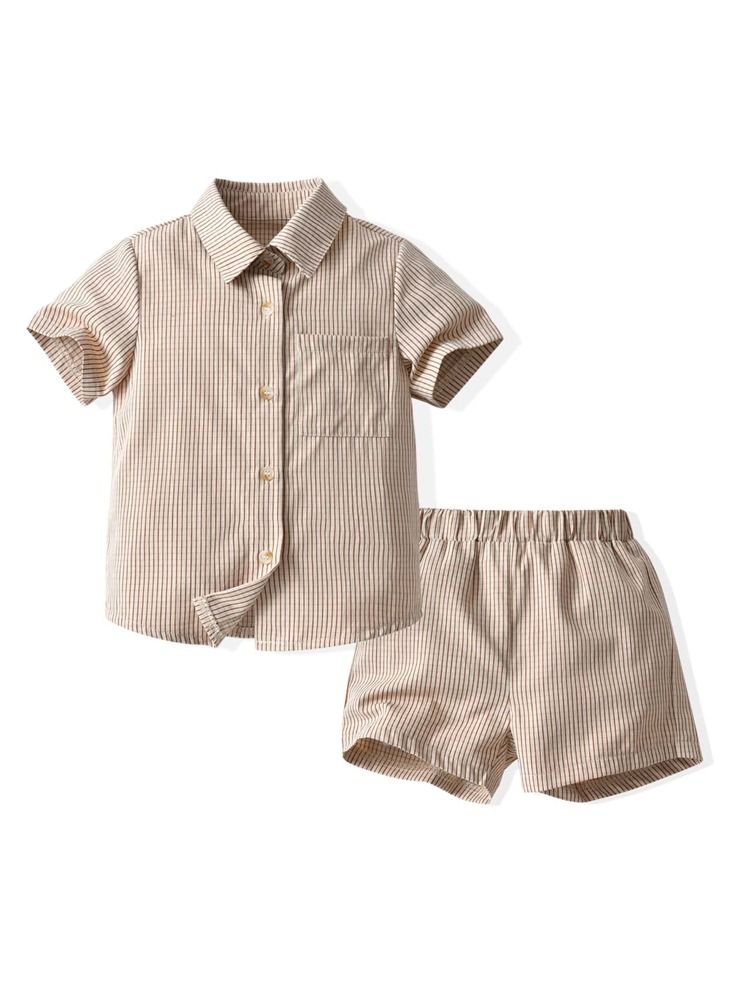Toddler Boys Vertical Striped Patched Pocket Shirt & Shorts | SHEIN