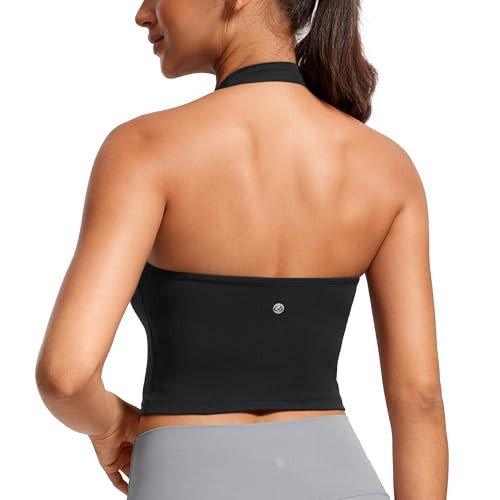 CRZ YOGA Butterluxe Halter Crop Tank Tops for Women - Open Back Padded Longline Sports Bras Workout Gym Black Large | Amazon (US)