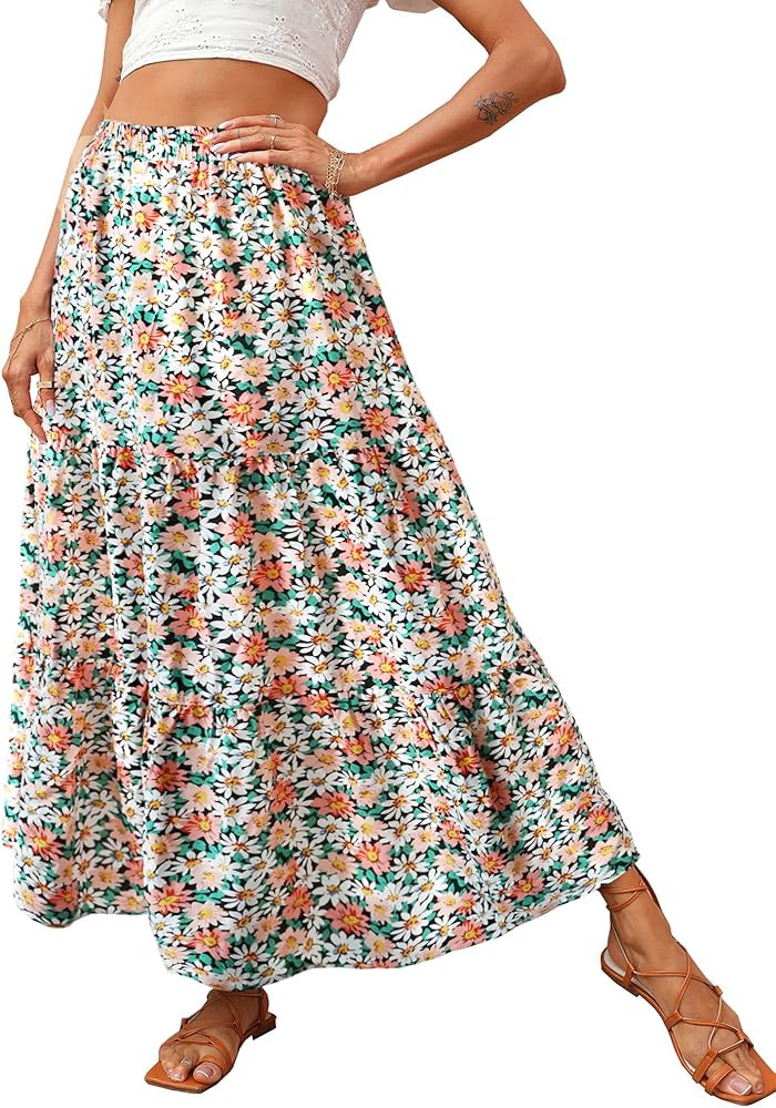 KIRUNDO Women's 2025 Spring Summer High Waist Boho Floral Maxi Skirt Casual Flowy Swing Pleated A... | Amazon (US)