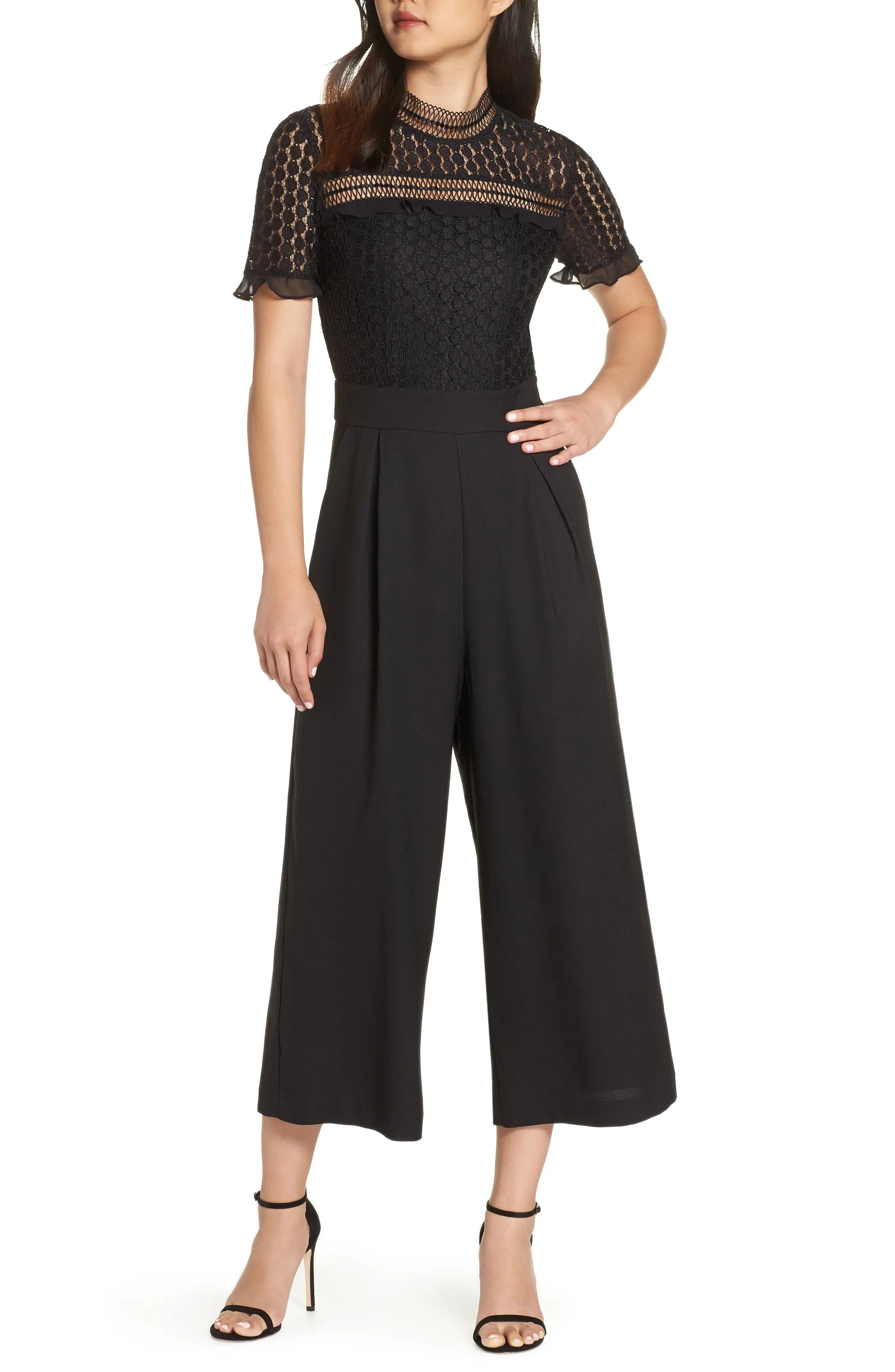 Petite Women's Chelsea28 Lace Cropped Jumpsuit, Size 0P - Black | Nordstrom