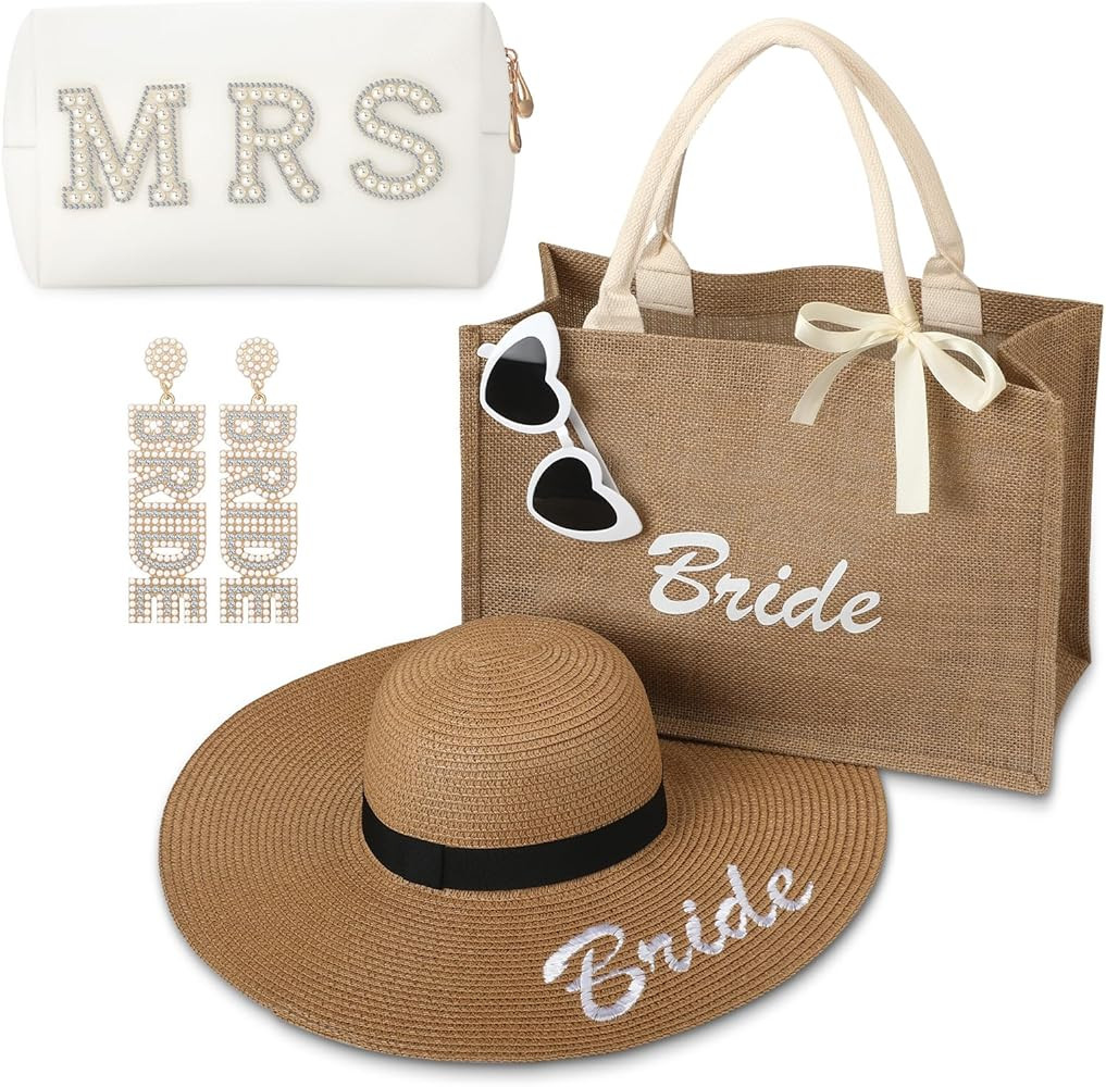 6 Pcs Bridal Shower Gifts Set Bride Tote Bag Sun Hat Glasses Rhinestone Bride Earrings MRS Letter... | Amazon (US)