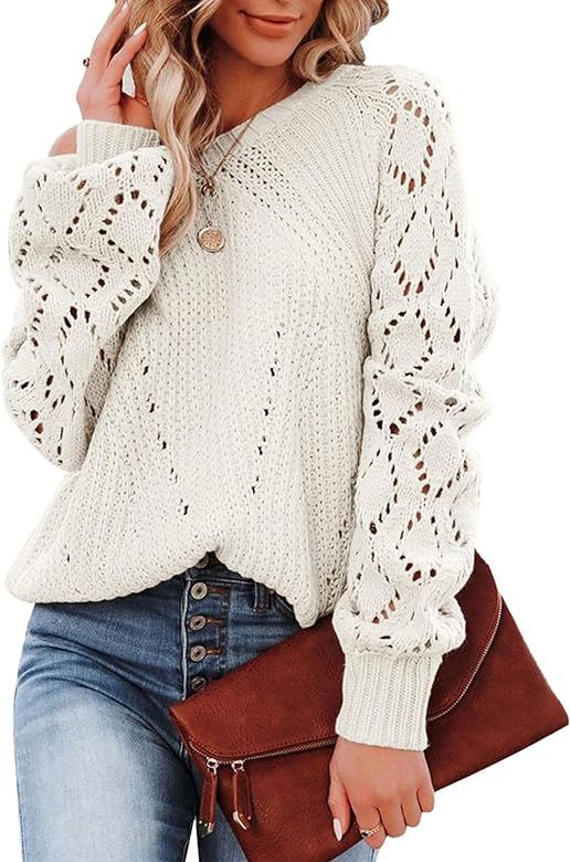 Womens Fall Sweaters Fashion Crochet Long Sleeve Off The Shoulder Clothes Cute Crewneck Knit Pull... | Amazon (US)