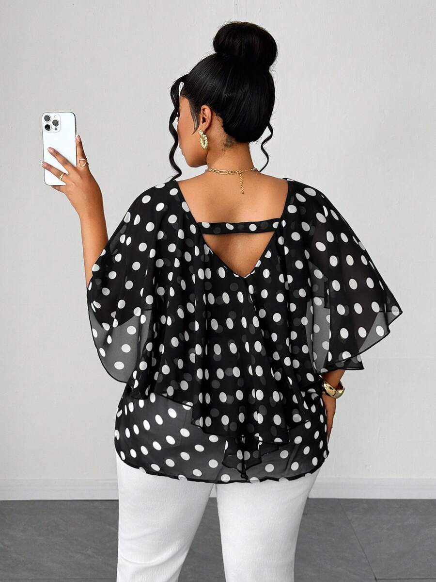 Maweii Plus Size Polka Dot Asymmetrical Ruffle Collar Elegant Blouse | SHEIN