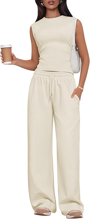 Lazysmile 2 Piece Sets for Women Summer Outfits Lounge Sets Sleeveless Tops Wide Legs Long Pants ... | Amazon (US)