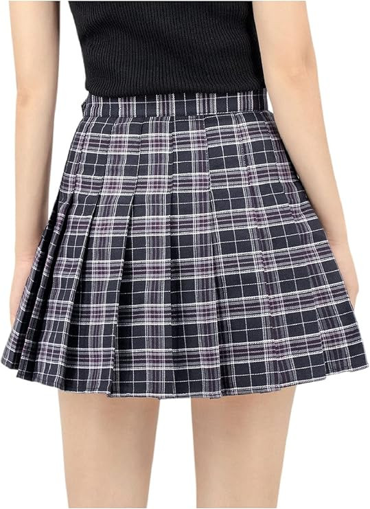 DAZCOS Plaid Pleated Skirts with Shorts High Waist A Line for Women Skater Tennis (Small, Black) ... | Amazon (US)