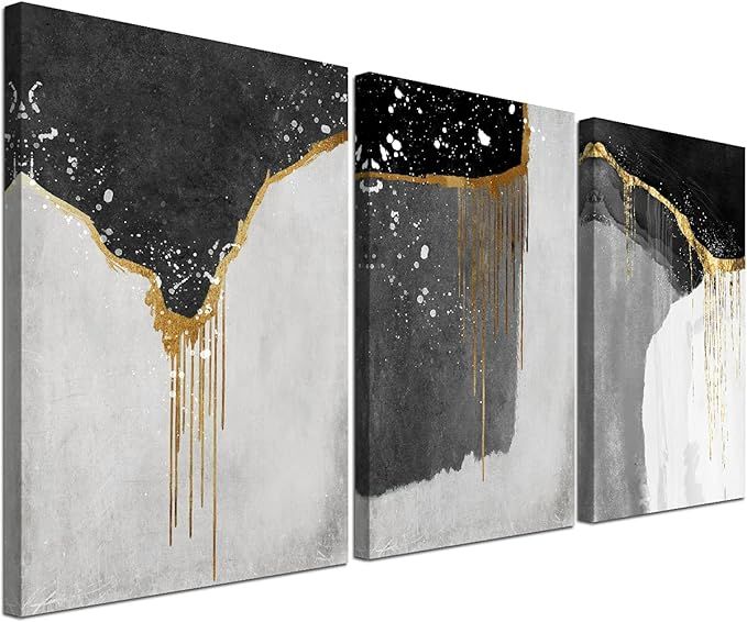 Loomarte 3 Piece Abstract Wall Art Black and White Wall Decor Modern Framed Black Gold Grey Bedro... | Amazon (US)