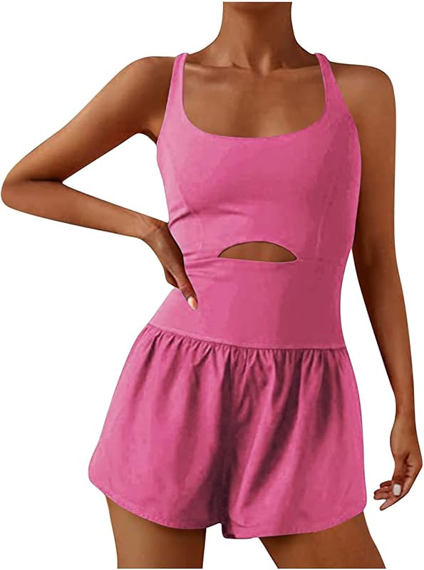 SHOPESSA Workout Rompers for Women Summer Running Shorts Jumpsuit Exercise Gym Backless Romper Yo... | Amazon (US)
