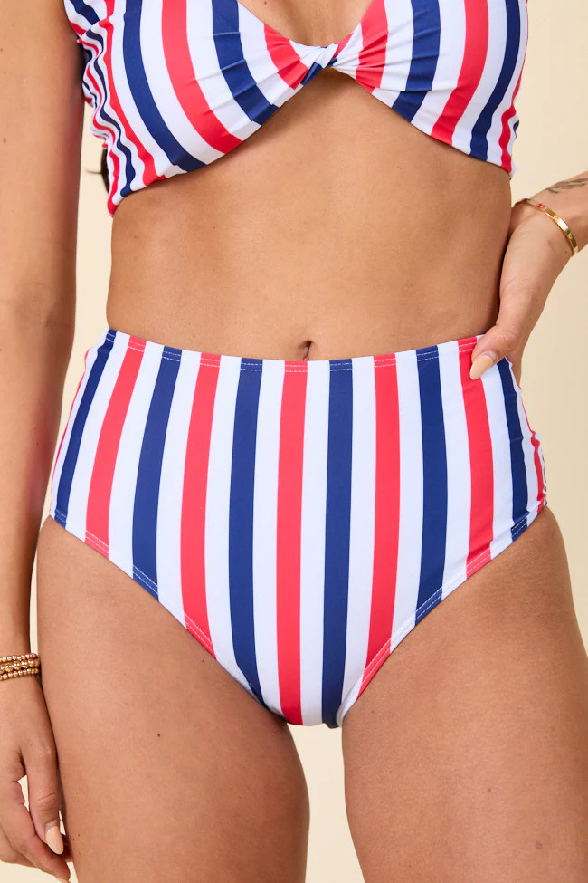 American Dreams Red, White, and Blue Striped High Waisted Bikini Botto | Pink Lily
