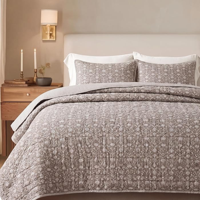 Handmade Block Print 100% Cotton Quilt, Taupe Twin 60"x90" | Amazon (US)