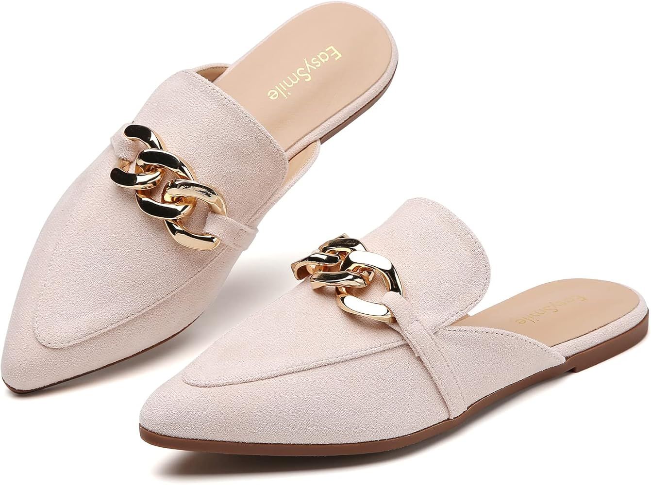 Metal Chain Decor Flat Mules for Women Closed Pointed Toe Slip on Loafers Slides Backless Mules S... | Amazon (US)
