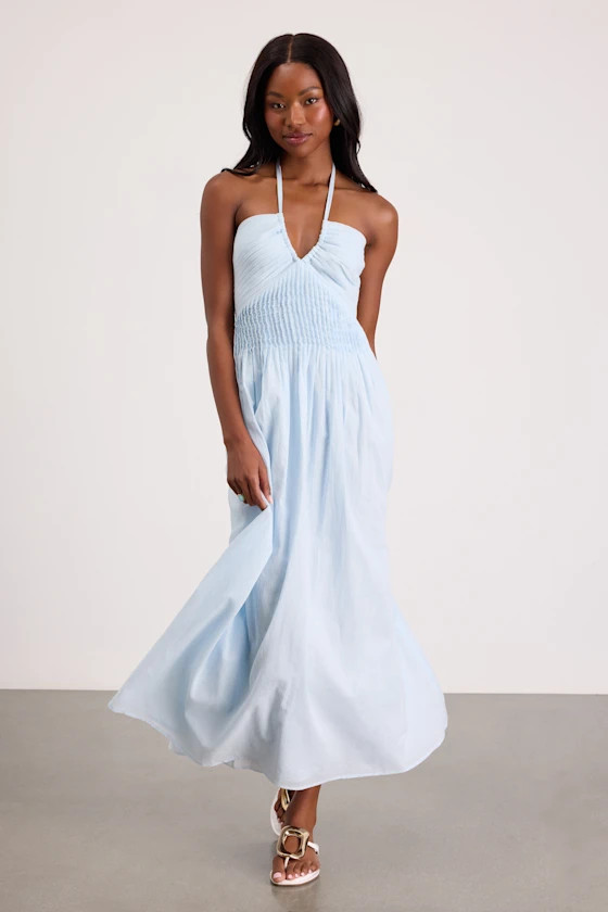 Kylene Light Blue Pleated Halter Maxi Dress | Blue Vacation Dress | Lulus