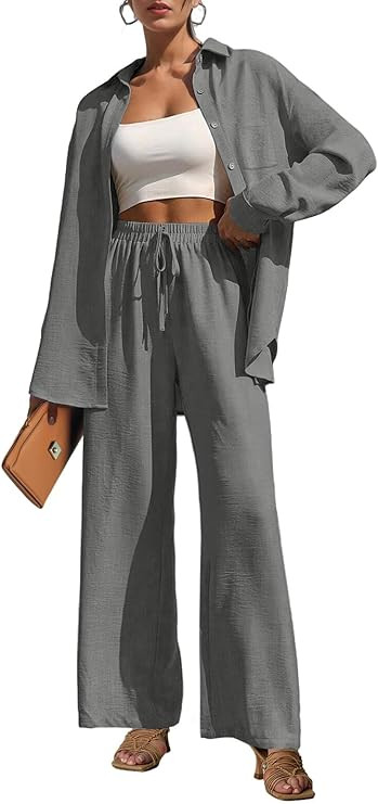 Lepunuo 2 Piece Outfits for Women Casual Lounge Sets Long Sleeve Button Down Shirts and Wide Leg ... | Amazon (US)