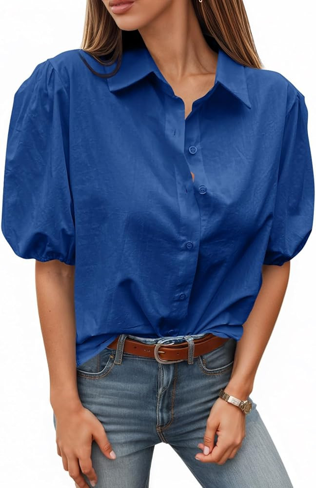 Tankaneo Women's Button Down Shirts Short Puff Sleeve Collared Dressy Casual Blouse Tops | Amazon (US)