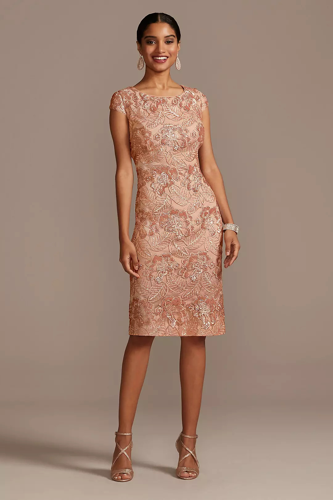 Knee-Length Sequin Lace Sheath with Cap Sleeves  | David's Bridal | David's Bridal