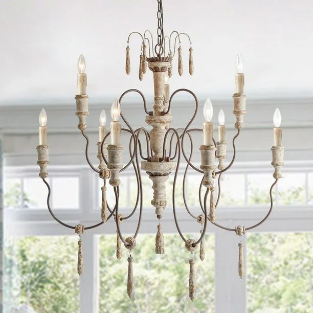 LNC French Country Wood Chandelier 9-Lights Persian White Lighting Fixture Living Room | Walmart (US)