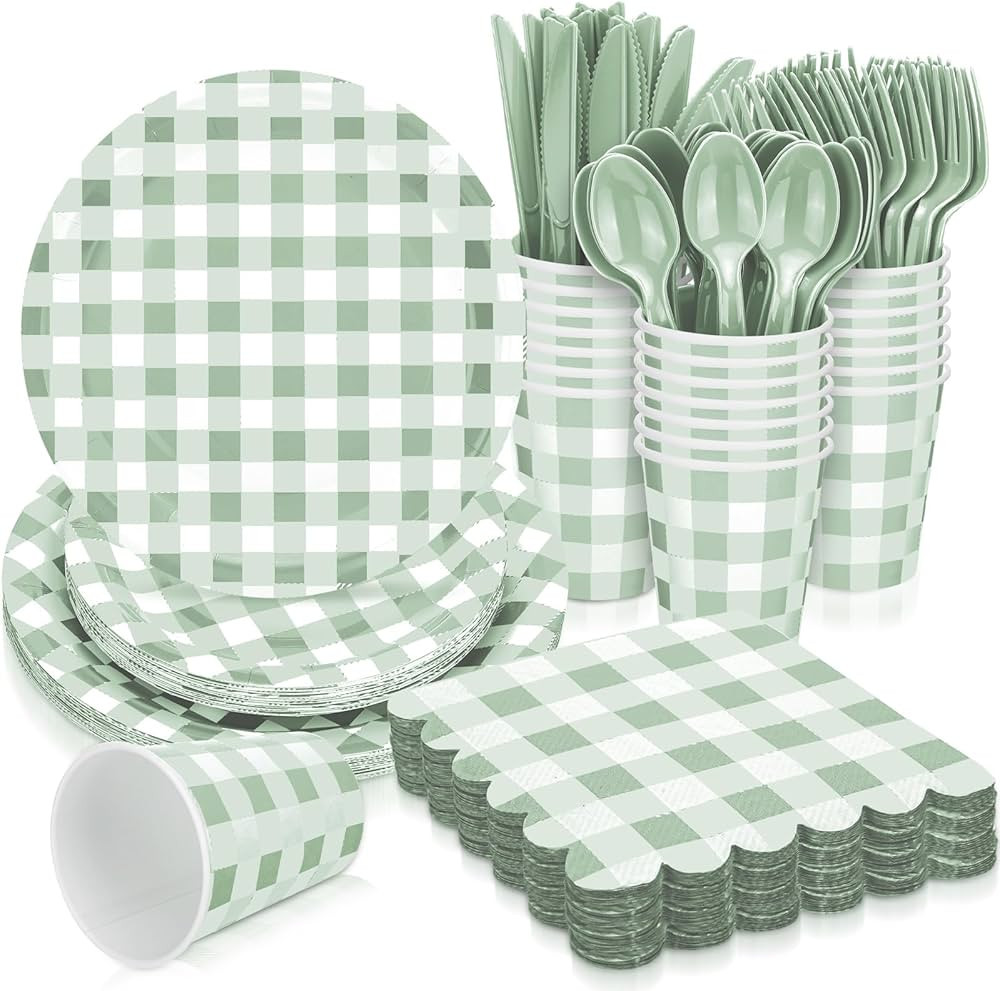 168 Pcs Gingham Party Supplies for 24 Guests Paper Plates Knives Spoons Forks Napkins Cups Dispos... | Amazon (US)