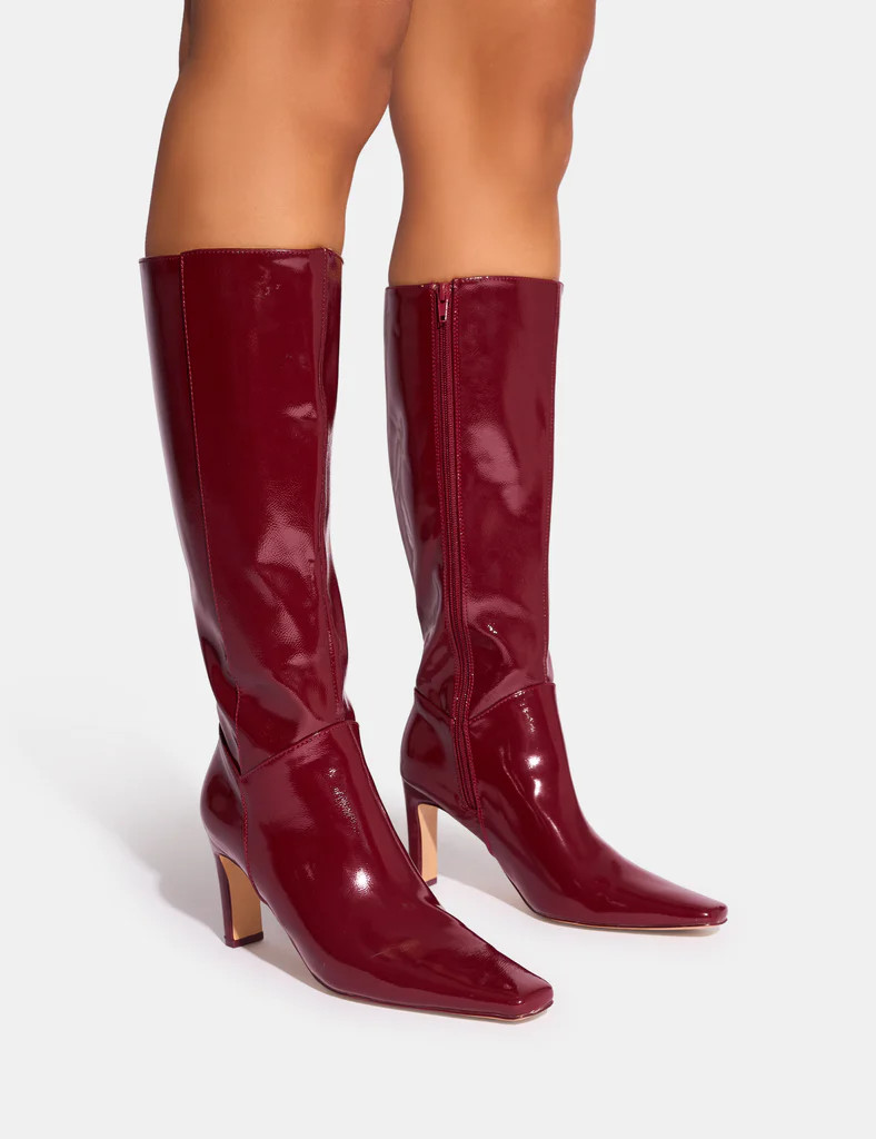 Pose Burgundy Patent Zip Knee High Slim Block Heeled Boots | Public Desire