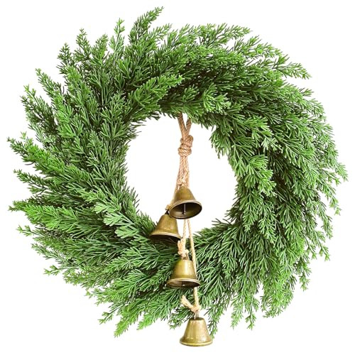 Faux Christmas Norfolk Pine Wreath with 4 Pcs Rustic Vintage Iron Bells,20 Inch Artificial Green Wreath Greenery Realistic Wreath Holiday Decoration for Xmas Holiday Outdoor Decor Front Door (Pine) | Amazon (US)